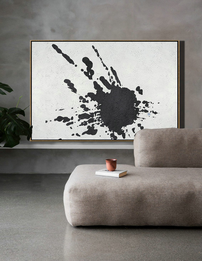 Large Living Room Decor,Oversized Horizontal Minimalist Splash Art On Canvas, Black And White Minimalist Painting - Modern Art Abstract Painting